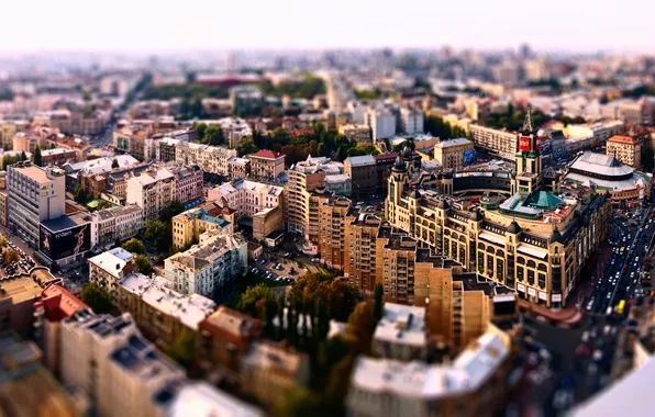 Картинка машины, город, дороги, дома, tilt-shift