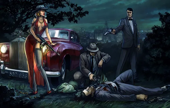 Картинка машина, девушка, ночь, оружие, мужики, мафия, Mafia