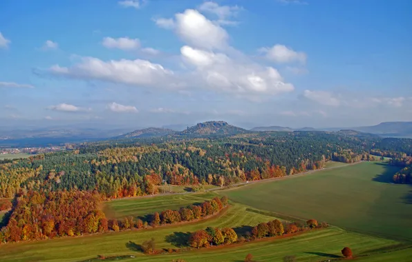 Картинка осень, небо, деревья, поля, гора, Германия, долина