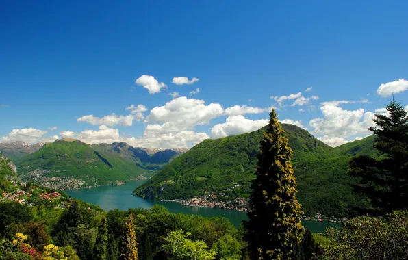 Небо, облака, горы, озеро, Швейцария, Лугано