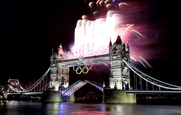Картинка ночь, мост, Лондон, фейерверк, Тауэрский мост, Лондон 2012, олимпийские кольца