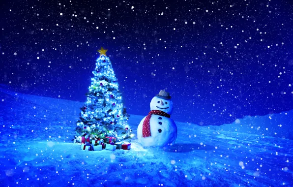 Картинка зима, снег, снежинки, ночь, праздник, игрушки, елка, подарки