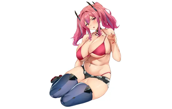 Girl, sexy, cleavage, shorts, thighhighs, pink hair, long hair, boobs