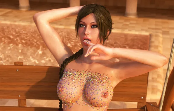 Грудь, девушка, сладости, lara croft, tomb raider, candies