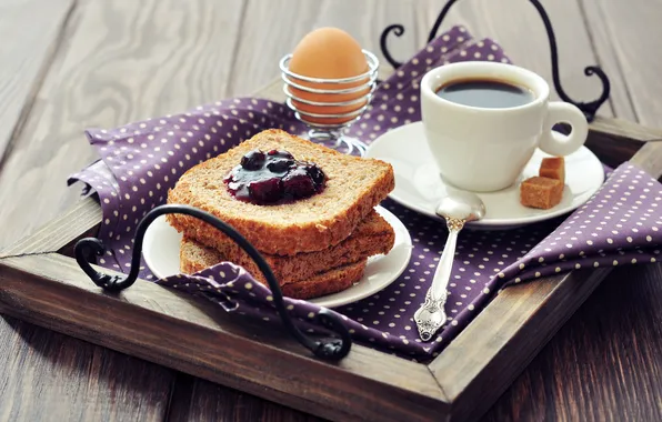 Картинка яйцо, кофе, еда, завтрак, хлеб, ложка, сахар, джем