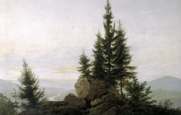 Деревья, пейзаж, камни, картина, Каспар Давид Фридрих, Вид на Долину Эльбы