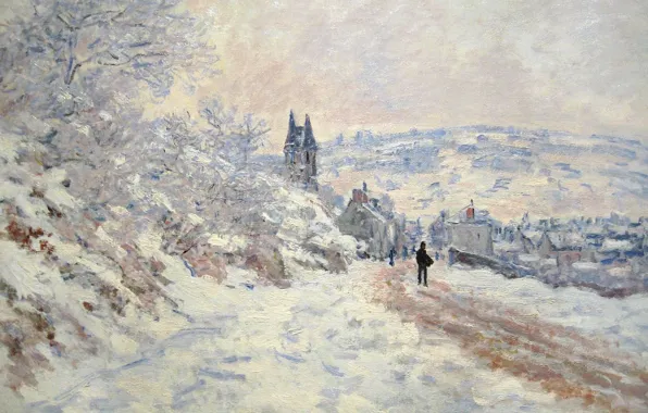 Картинка зима, снег, пейзаж, картина, Клод Моне, Дорога в Ветей. Снежный Эффект