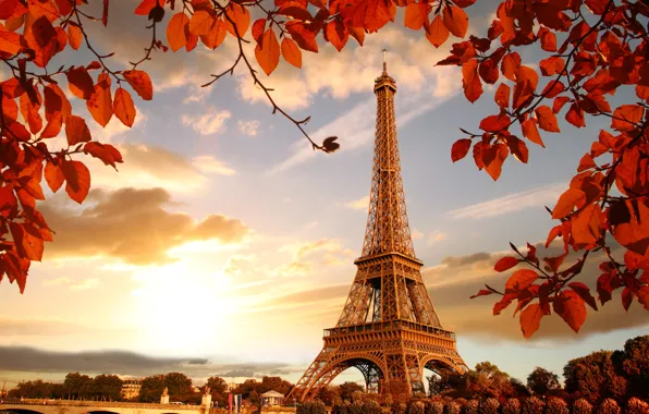 Картинка осень, Франция, Париж, Paris, river, France, autumn, leaves