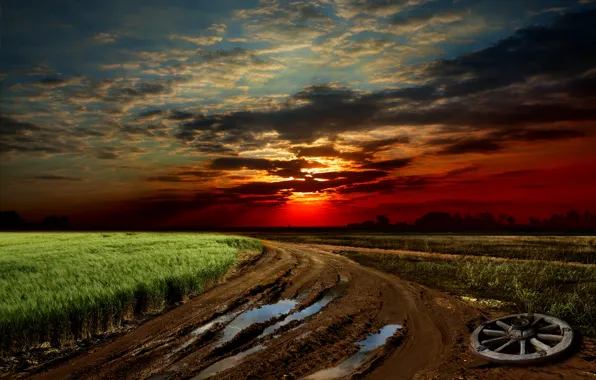 Картинка дорога, поле, небо, трава, закат, грязь, sky, landscape