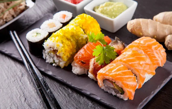 Картинка зелень, суши, роллы, начинка, японская кухня