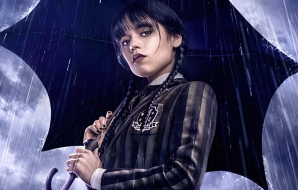 Зонтик, макияж, сериал, Wednesday, Jenna Ortega, Дженна Ортега, Уэнздей, Уэнсдей