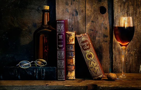 Ретро, стена, книги, картина, вечер, очки, ART, красное вино
