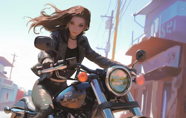 Long hair, women, brunette, smiling, looking at viewer, women outdoors, women with motorcycles, closed mouth
