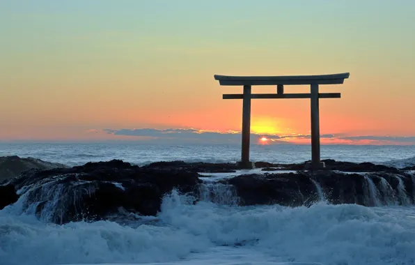 Картинка море, закат, ворота, Япония, прибой, тории