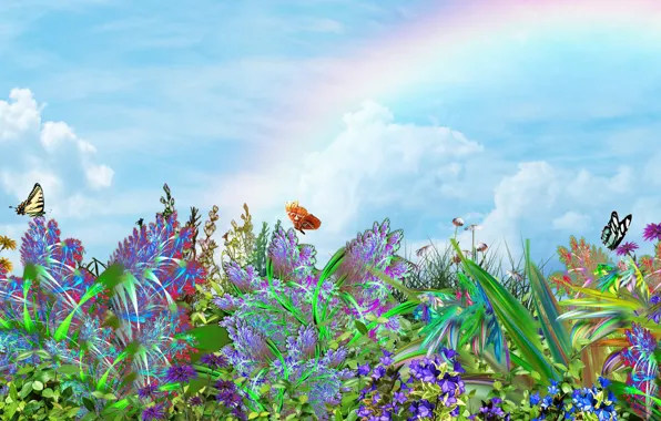Картинка небо, бабочки, цветы, настроение, радуга, арт, Nature, Landscape.