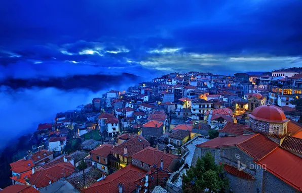 Картинка небо, облака, ночь, дома, Греция, крыши, Arachova