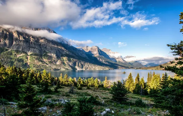 Лес, горы, природа, озеро, Glacier National Park, Montana, St. Mary Lake