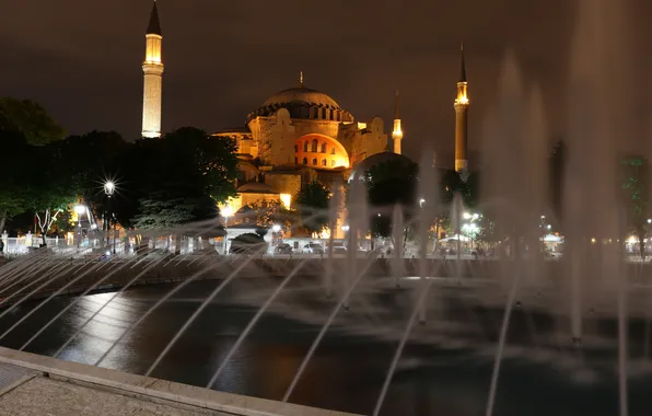 Картинка ночь, огни, собор, фонтан, мечеть, Стамбул, Турция, минарет