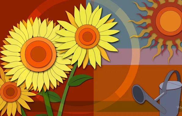 Картинка солнце, цветы, коллаж, вектор, лейка