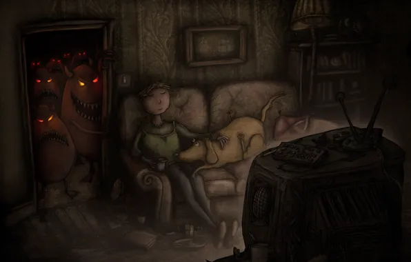 Картинка диван, монстр, собака, телевизор, арт