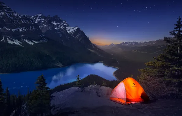 Картинка свет, горы, ночь, Канада, палатка, путешествие