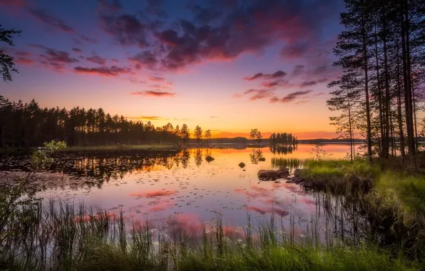 Пейзаж, закат, озеро, Финляндия