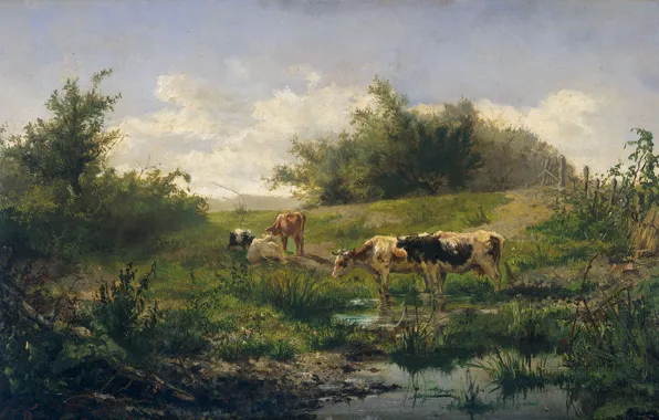 Пейзаж, масло, картина, 1858, Albert Gerard Bilders, Альбертус Джерардус Билдерс, Коровы в луже