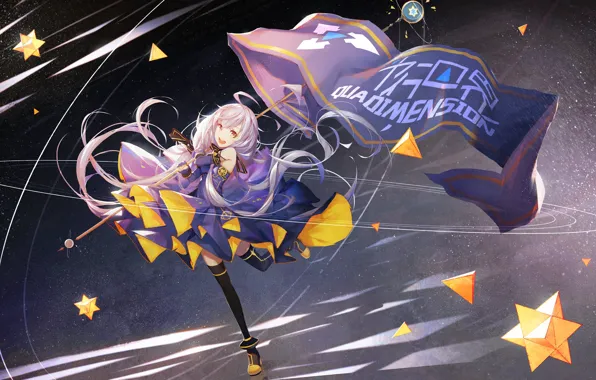 Девушка, ночь, аниме, флаг, Hatsune Miku, Vocaloid, Вокалоид, Хатсуне Мику