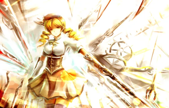 Девушка, оружие, аниме, арт, Mahou Shoujo Madoka Magica, Tomoe Mami, Девочка-волшебница Мадока, syanayuuji