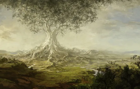 Картинка корни, река, дерево, долина, арт, гигантское, Ásgeir Jón Ásgeirsson