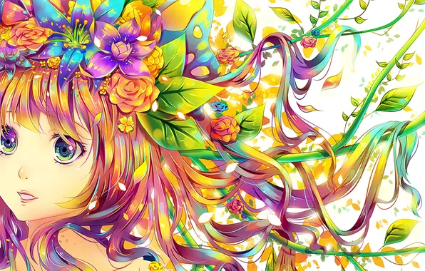 Картинка листья, цветы, Девушка, rainbow, венок