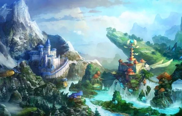 Картинка горы, замок, ландшафт, фэнтези, fantasy, мосты, landscape, mountains