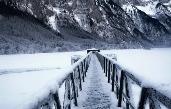 Картинка зима, горы, мост, озеро