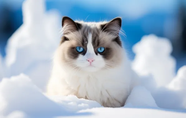 Зима, кошка, взгляд, снег, котенок, мордашка, рэгдолл, ИИ-арт