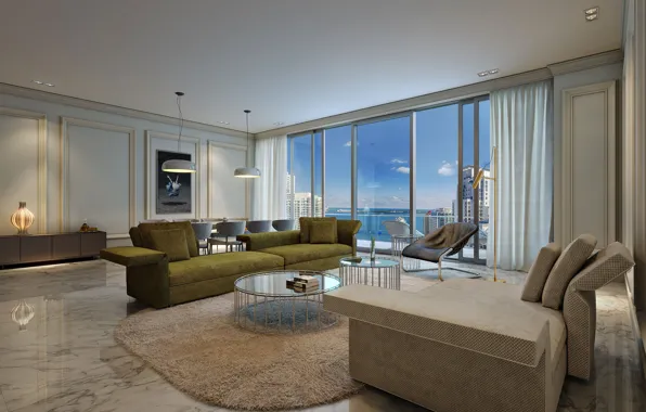 Интерьер, Miami, гостиная, Luxury in Brickell