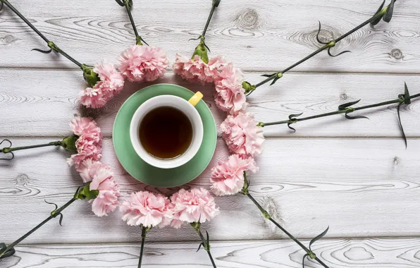 Цветы, розовые, wood, pink, гвоздика, flowers, cup, coffee