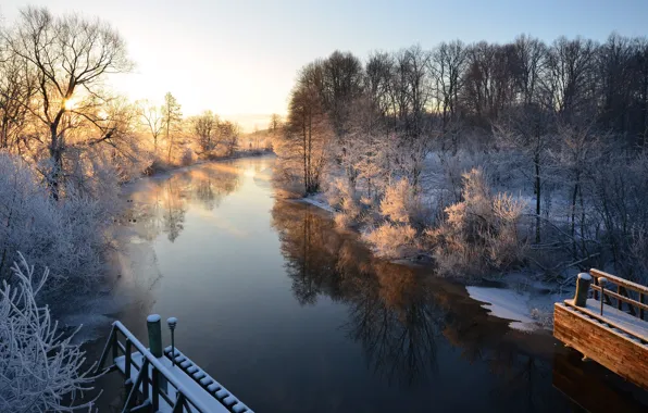 Картинка зима, река, утро, Швеция