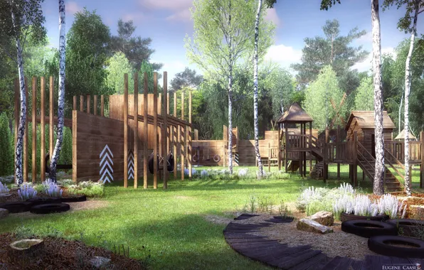 Лес, постройки, лужайка, площадка, CHILDREN'S PLAYHOUSES