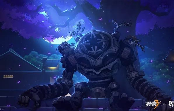 Лес, ночь, здания, робот, Луна, Genshin Impact, ruin guard