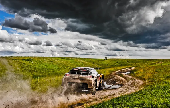 Поле, Спорт, Скорость, Тучи, Гонка, Грязь, Peugeot, Фары