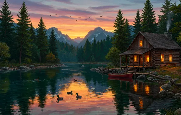 Закат, озеро, лодка, рисунок, арт, wallpaper, домик, house