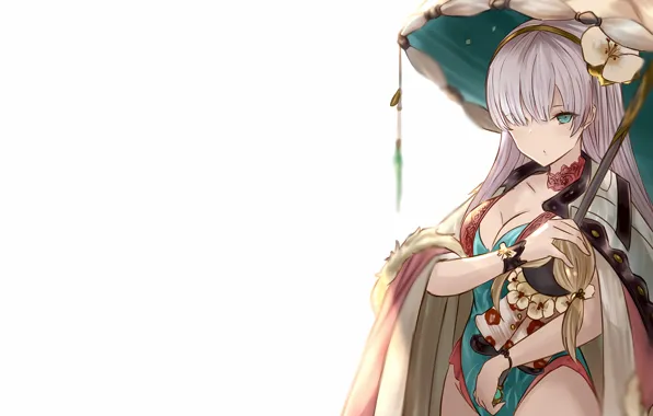 Girl, sexy, Anastasia, cleavage, long hair, boobs, umbrella, anime