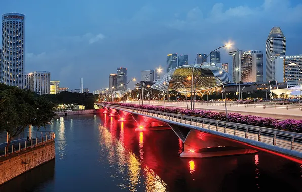 Мост, огни, дома, вечер, Сингапур, сумерки