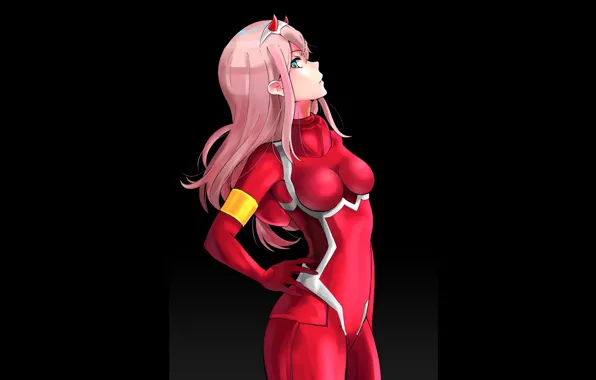 Девушка, чёрный фон, рожки, 002, Darling In The Frankxx, Милый во Франксе, Zero Two
