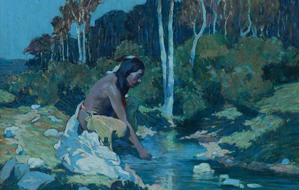 Картинка Eanger Irving Couse, индеец у ручья, Таос, Moonlight 2