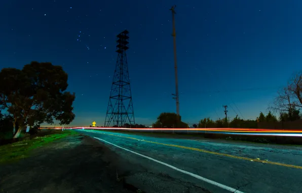 Картинка stars, звёзды, дорога, ночь, night, Город, road, sky