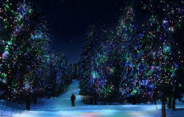 Картинка зима, лес, украшения, елки, новый год, подсветка