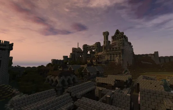 Крыша, небо, трава, облака, деревья, дом, башня, Minecraft