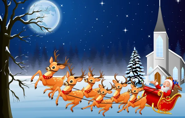 Луна, Рождество, Новый год, упряжка, сани, олени, Дед Мороз, Санта-Клаус