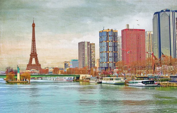 Картинка небо, мост, река, Франция, Париж, башня, дома, Сена